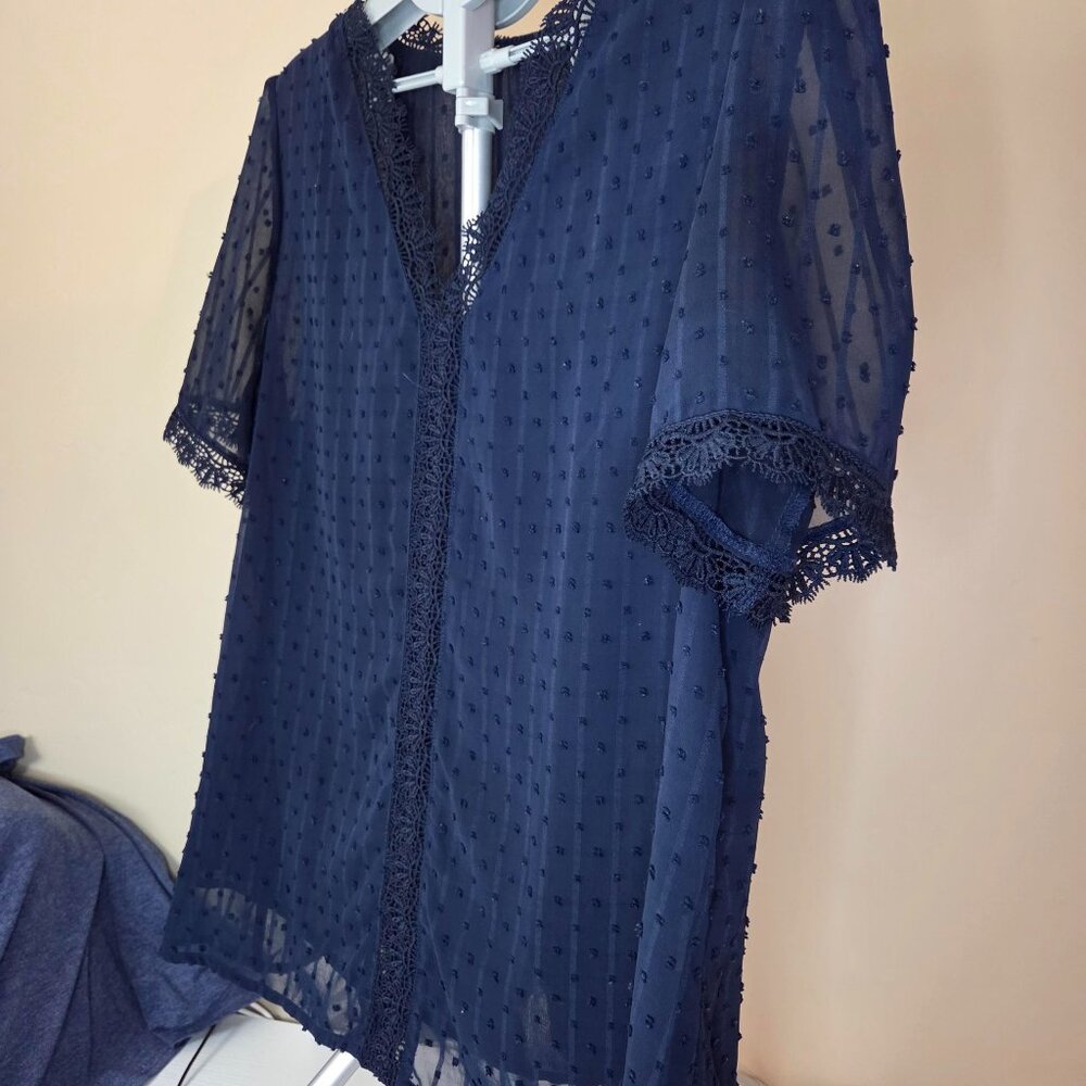 Navy Blue Blouse - Polk Dots, Sheer w/lining V Neck - SZ XL